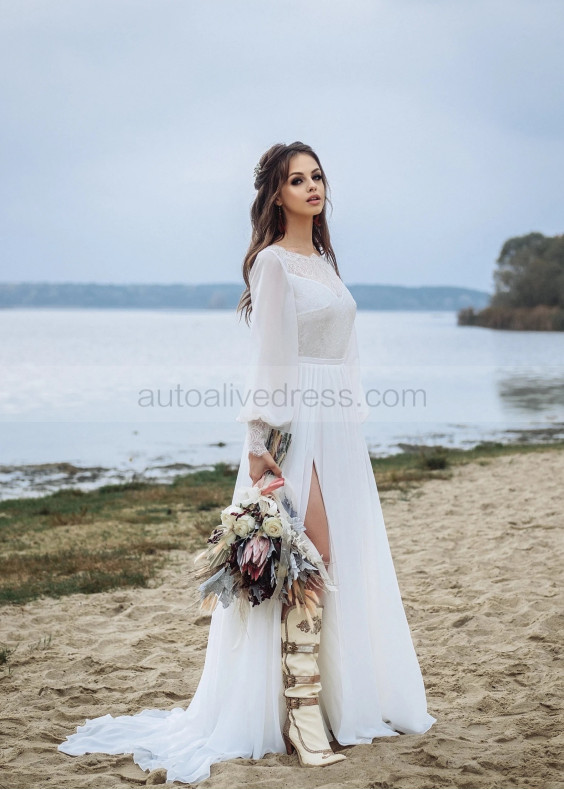 Ivory Eyelash Lace Chiffon Tie Back Bohemian Wedding Dress